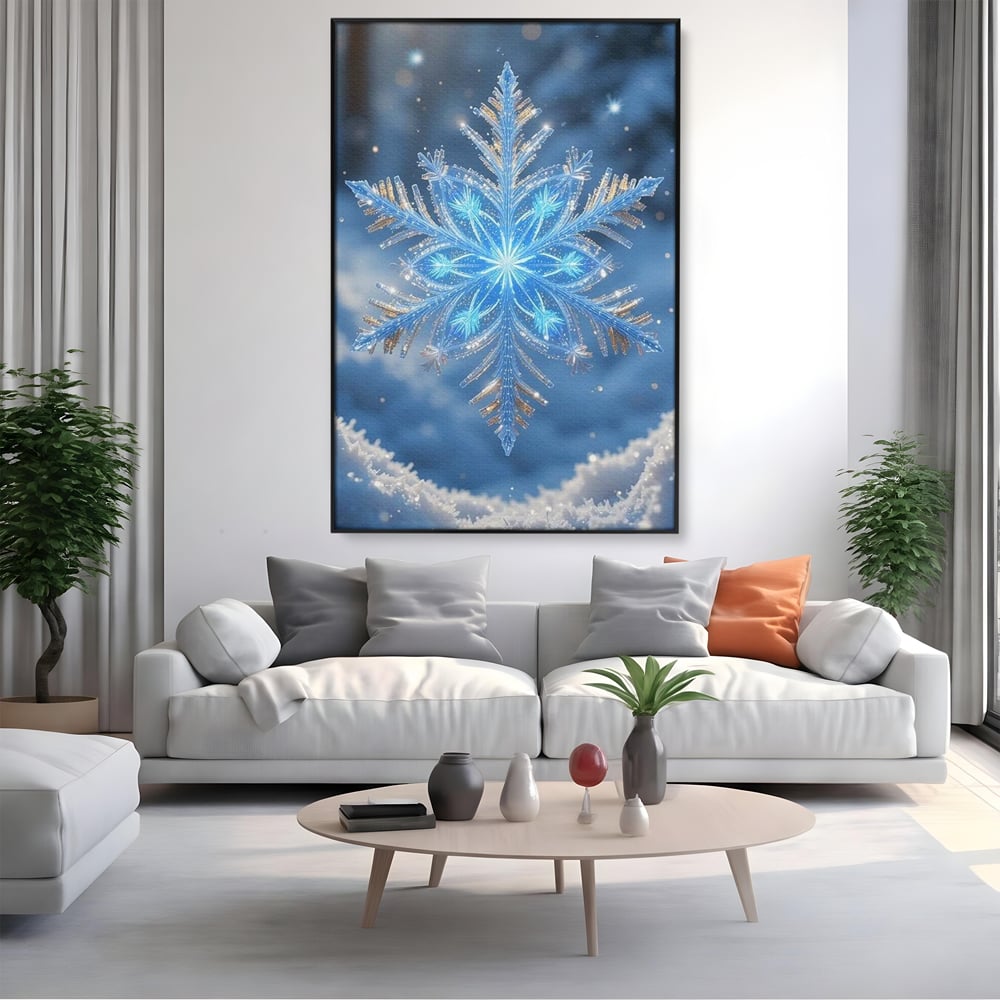 Tablou canvas cu tablou vertical cu fulg de zapada, in rama de aluminiu negru, pe perete intr-un living
